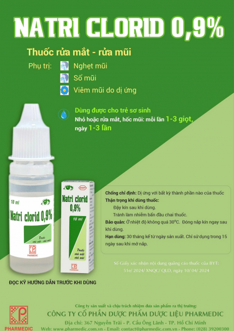 THÔNG TIN CHÍNH THỨC TỪ PHARMEDIC LIÊN QUAN ĐẾN VIỆC THU HỒI 01 LÔ SẢN PHẨM NATRI CLORID 0,9% 10ML
